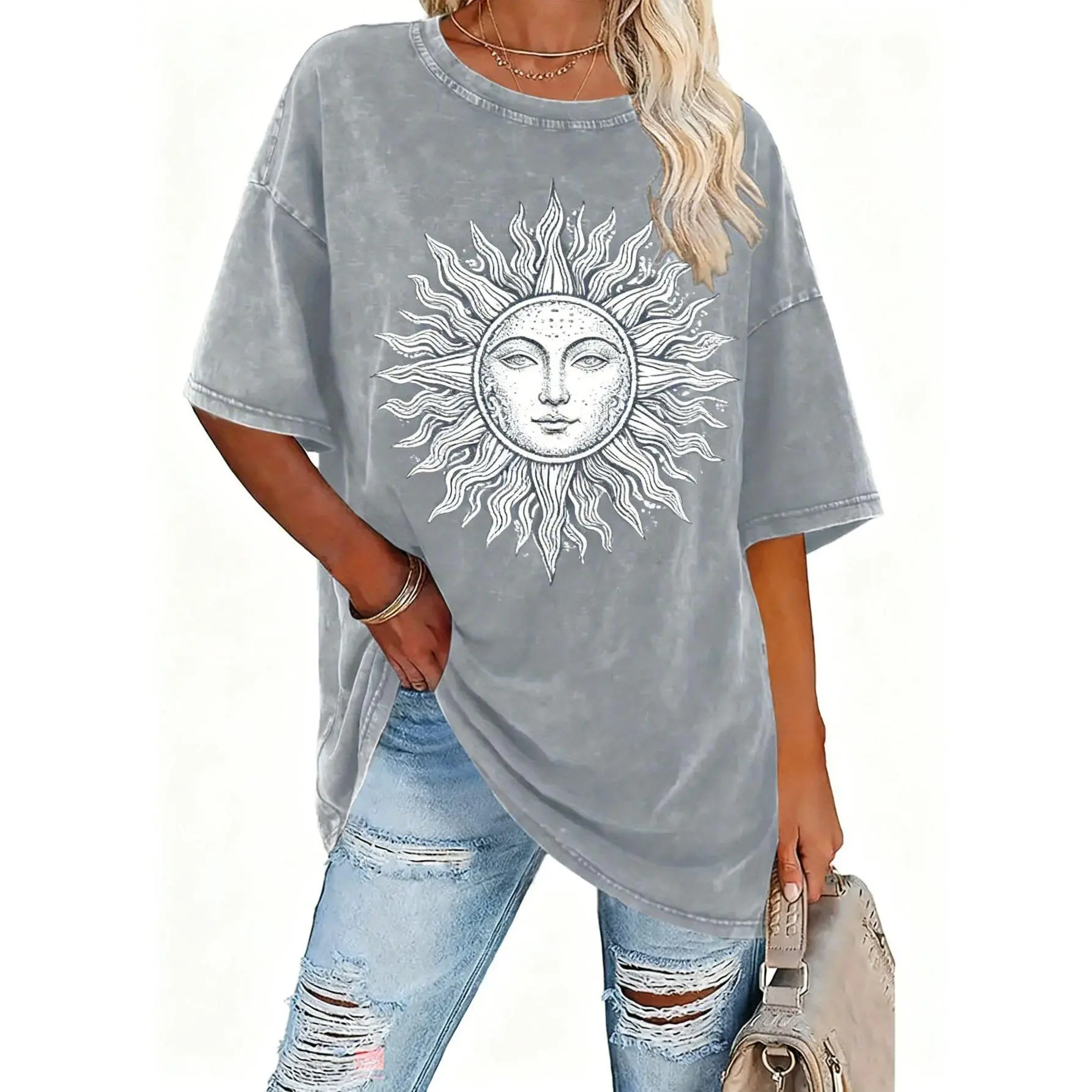 Men's Casual Loose-Fit 230G Thick Cotton Half Moon Pattern Washed Retro Round Neck Shortsleeve T-Shirt - 2024 Summer Menswear Top, Breathable Fabric Clothes for Daily Wear