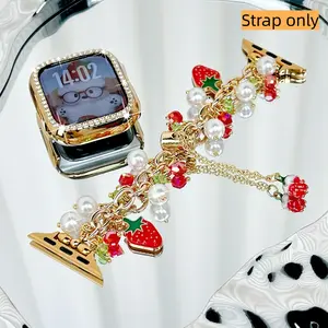 1PC Fashion Strawberry Pearl Metal Chain Terms Apple Watch bands, Smart Watch Strap, compatible with Apple Watch 38/40/41/42/44/45/46/49mm, suitable for Apple Watch series Ultra/SE/11/10/9/8/7/6/5/4/3/2/1, (strap only)
