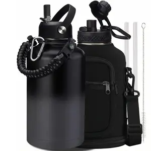 64oz Half Gallon Insulated Sports Water Bottle, Vacuum Stainless Steel Flask with Straw Lid, Leak-Proof Sweat-Proof BPA-Free, Keep Cold 48H Hot 24H, Paracord Handle & Carrier Bag