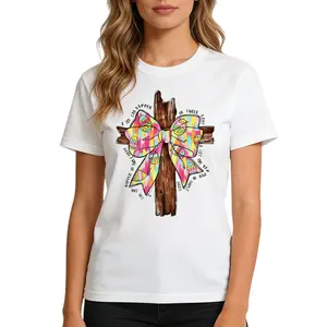 Christian Easter Coquette Shirt 100% Cotton Bible Verse Tee for Women Classic Fit Crew Neck Short Sleeves Breathable Casual Religious Gift Top Womenswear - Graphic, Essential