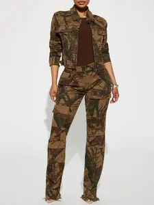 In The Wild Camo Stretch Cargo Jeans - Camouflage High Waist Fitted All Seasons Suitable for All Seasons Women's Cargo Pants