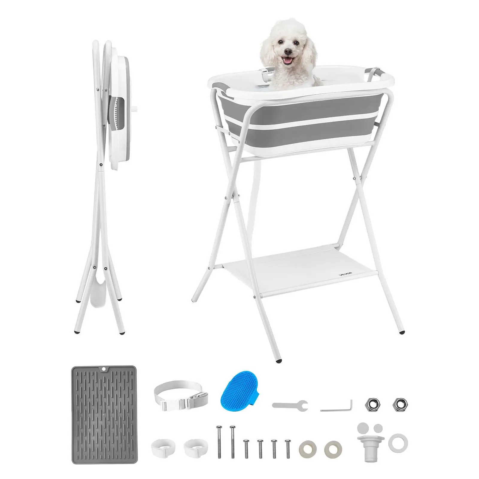 VEVOR Foldable Elevated 2-in-1 Dog Bathtub, Portable Space-saving Pet Bathing & Outdoor Grooming Wash Station with Clean Quick-Drain Hose, Built-in Outlet, 26.2x26.3x37.2in Brushing Feature, Drying-Compatible for Small Dogs/Cats, Gray & White#BackToSchool