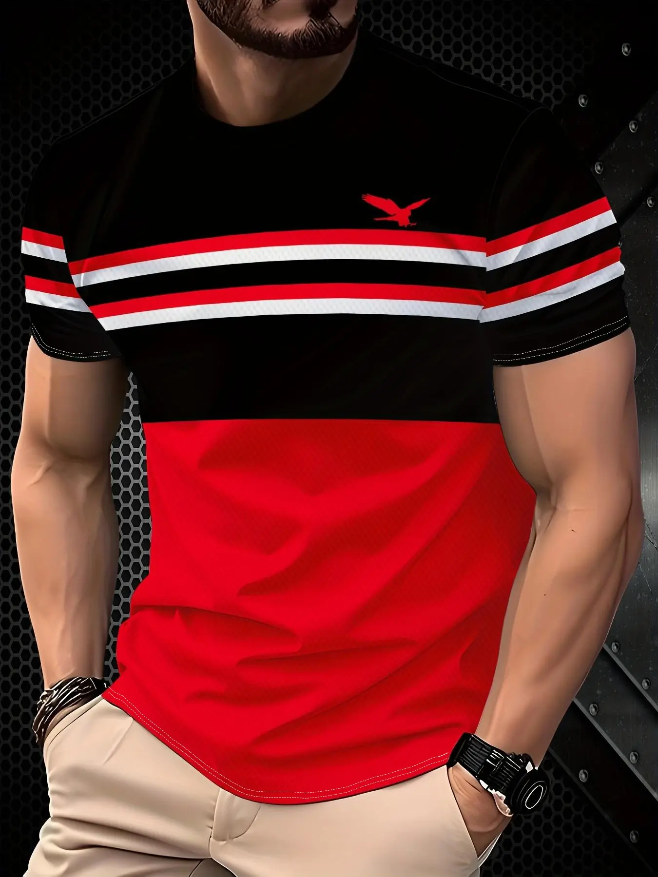 Men's Vintage Colorblock Striped T-Shirt, Contrast Design, Fitted Short Sleeve, All Seasons Casual Wear, Streetwear, Top, Menswear