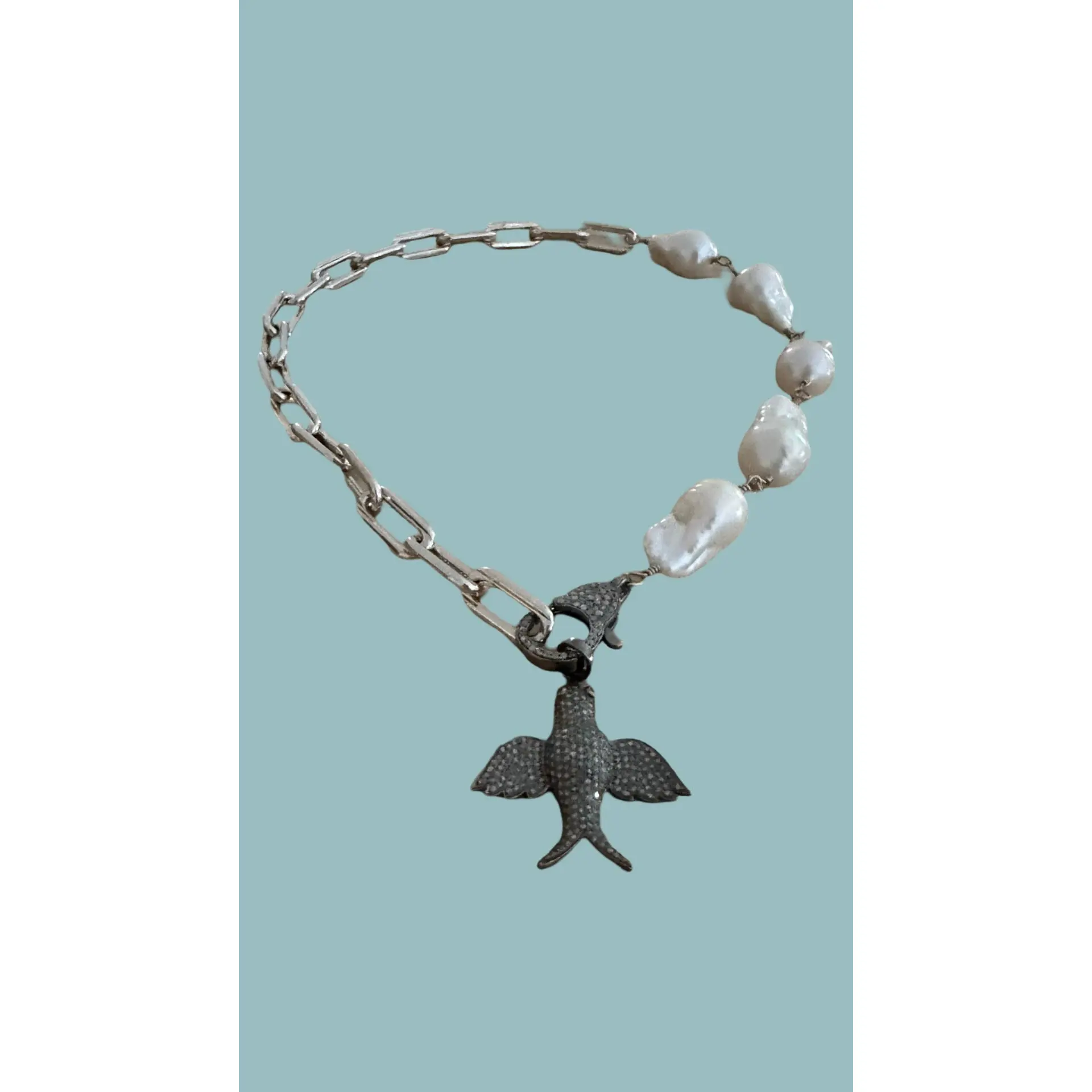 Diamond Bird & Pearl Sterling Silver Necklace