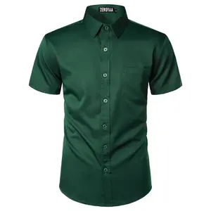 ZEROYAA Men's Casual Urban Stylish Slim Fit Short Sleeve Button Up Dress Shirt with Pocket Fabric Top Summer Outfits Men Plain Menswear Beige Tropical Vneck