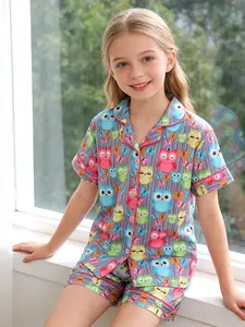 Kids Pajama Set, Cartoon Owl Butterfly Print, Short Sleeve Button Front, Loose-Fit, All Seasons, Boys Girls Sleepwear