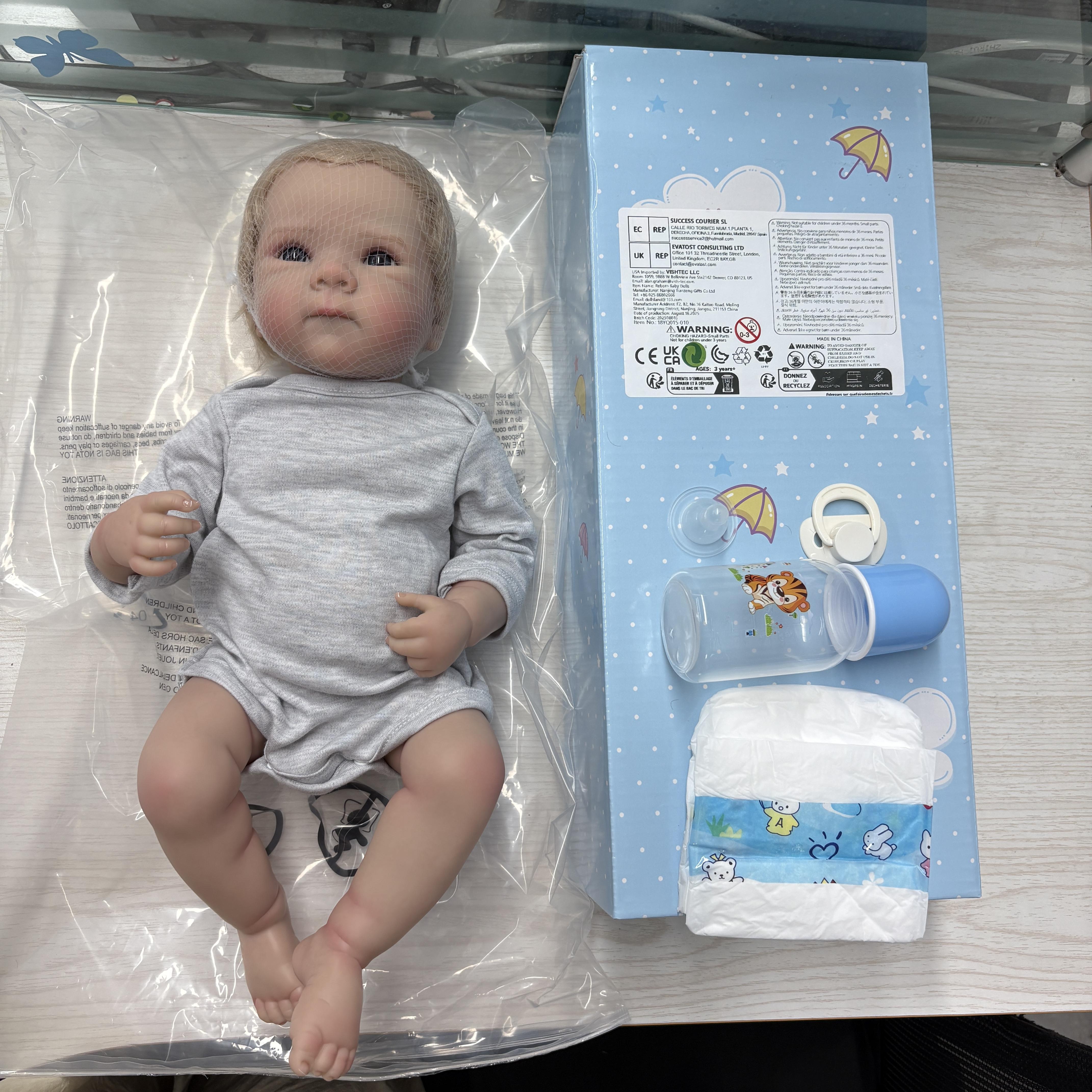 18 Inch Lifelike Reborn Baby Doll with Hand-Rooted Blonde Hair Realistic Newborn in Gray Onesie Magnetic Pacifier & Bottle Great Gift for Kids Collectors