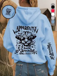 Women's Highland Cow Print Thermal Lined Hoodie Pullover, Casual Long Sleeve Hooded Sweatshirt for Fall & Winter, Women's Clothes for Daily Wear, Tops, Womenswear