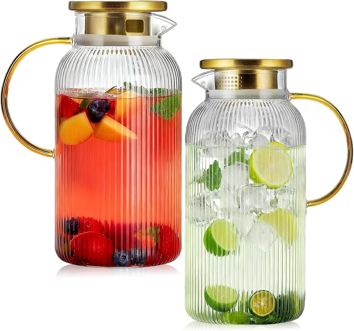 2Pack 68oz Large Capacity Premium Glass Beverage Carafe with Lid & Handle - Heat Resistant Steel-Reinforced Kitchen Jug for Family, Fruit Tea, Juice (Home & Living Room Use)