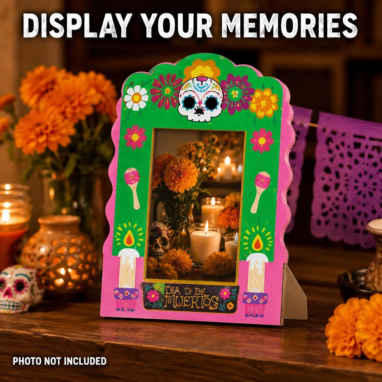 Día de los Muertos Picture Frame 4x6, Day of the Dead Decorations, Ofrenda Altar Photo Frame, Sugar Skull Memorial Picture Holder, Mexican Home Table Decor, Halloween Photo Display, 6 Designs