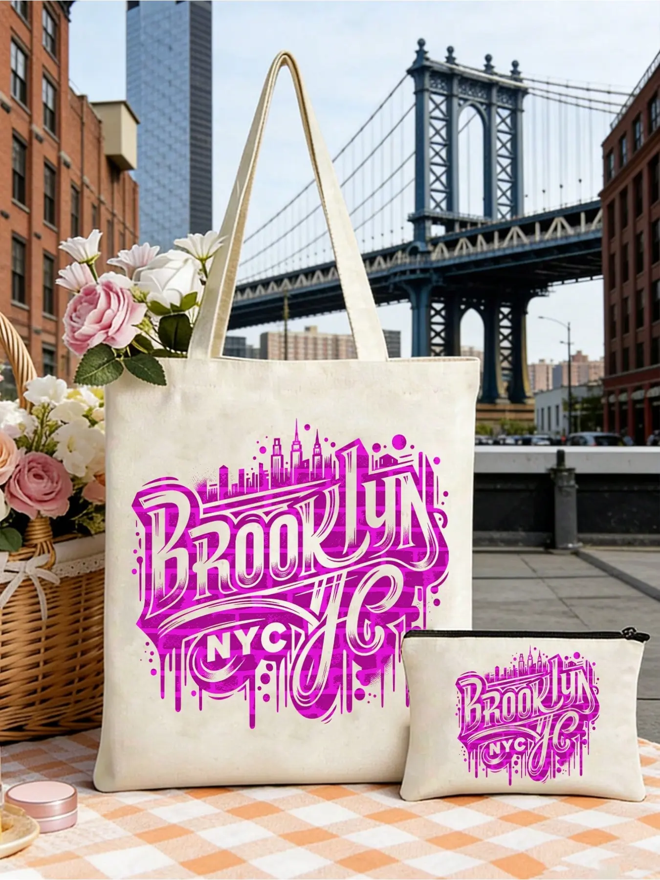 Unique Brooklyn printed canvas tote bag set with zipper, American style tote bag, Brooklyn themed shoulder bag, multifunctional storage bag, beach canvas bag