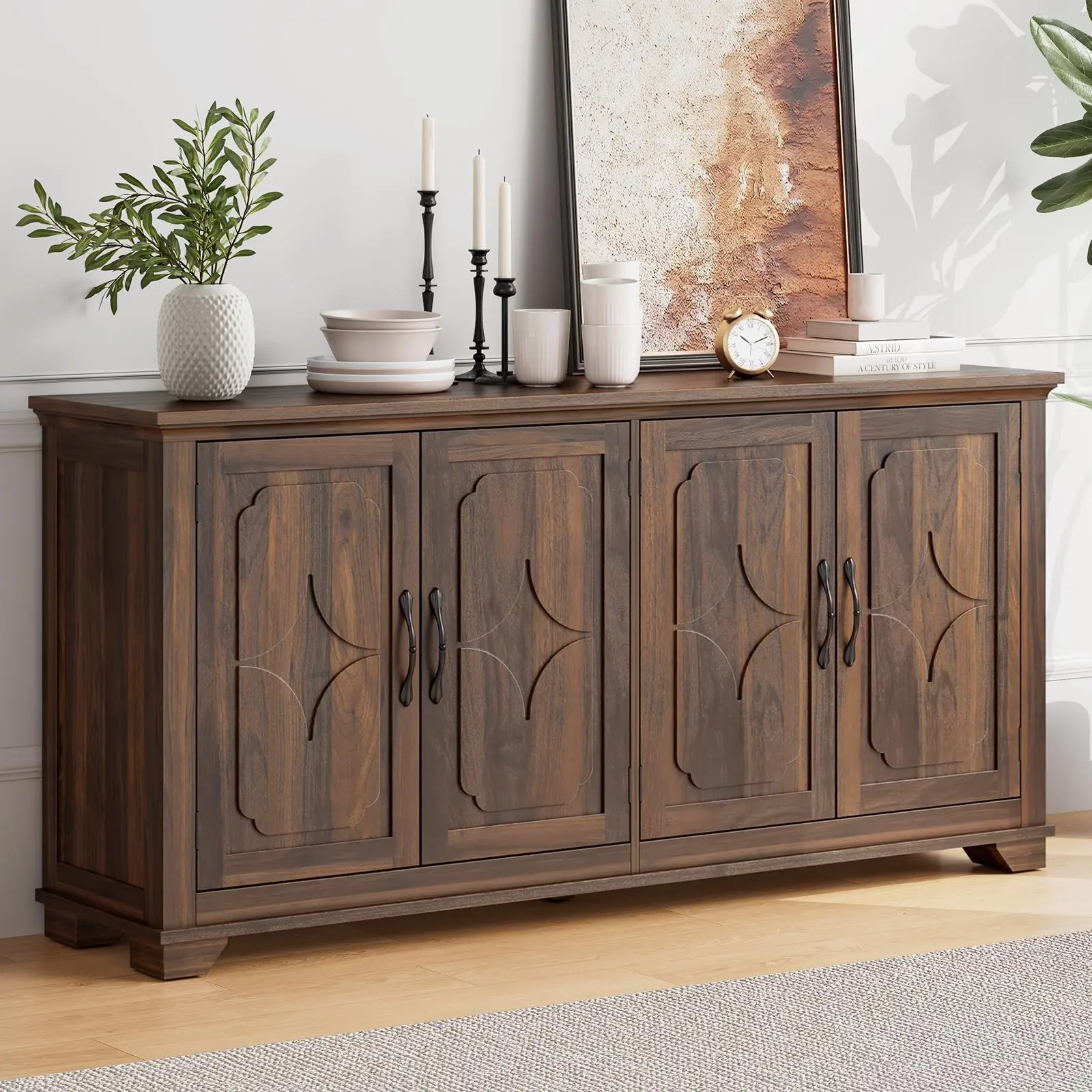 【SummerFinds】ONBRILL 63 Inch Buffet Cabinet with Storage, Large Sideboard Cabinet with 4 Carved Doors, Modern Credenza Storage Cabinets w/Adjustable Shelves for Kitchen, Living Room