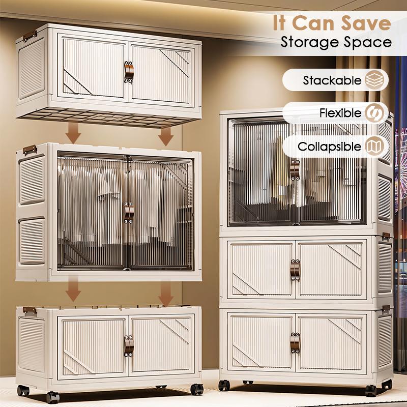 Portable Closet Wardrobe, Folding Storage Bins with Lid, Closet Organizers and Storage, Stackable Storage Box with Hanging Rod and Doors, Collapsible Plastic Clothes Cabinet with Wheels