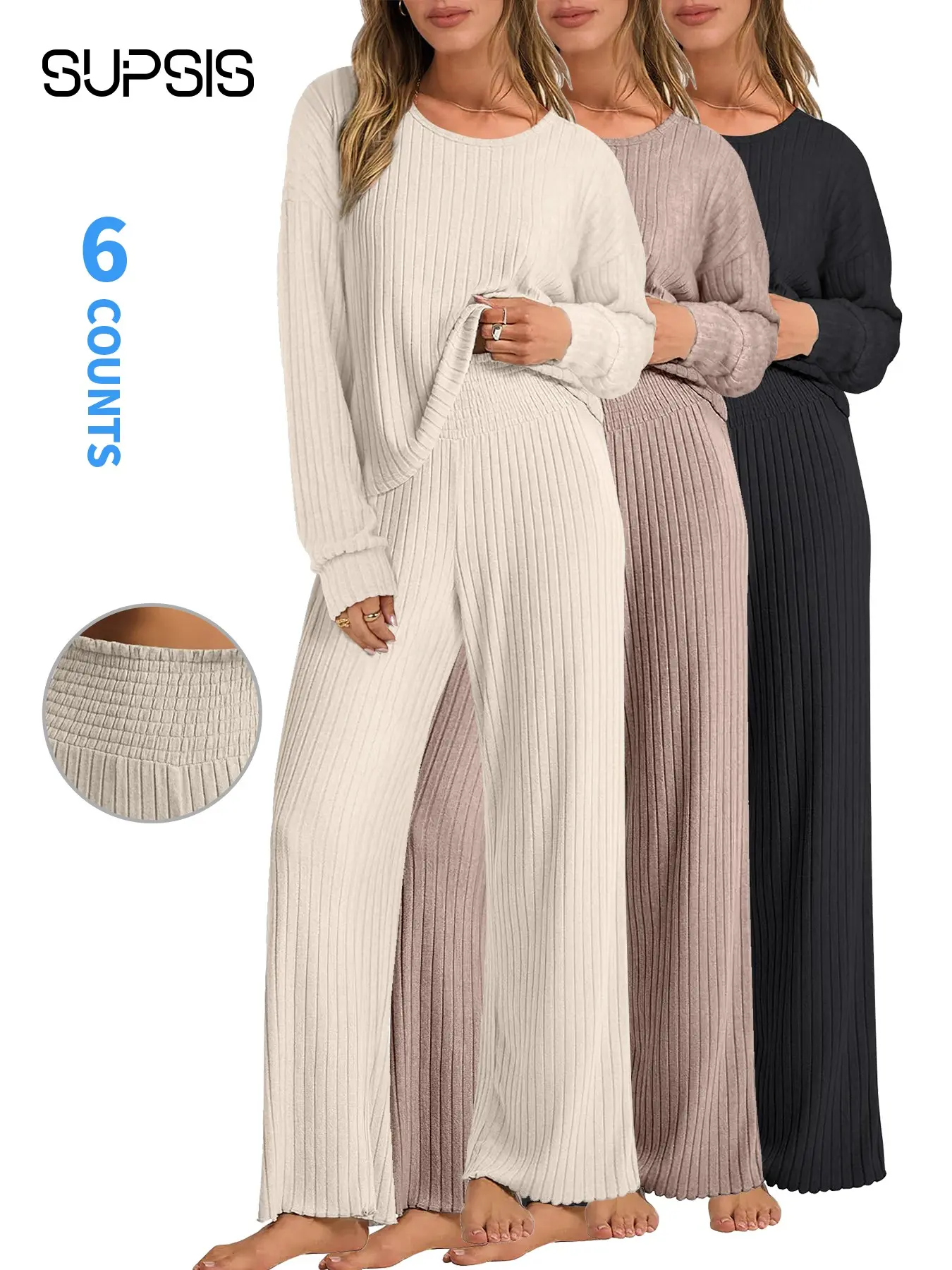 2 Pieces Women's Lady Lounge Pajamas Sets Nightwear Pjs ,Casual Basic Ribbed Knit Long Sleeve Top Pants Matching Set 2026 Spring Outfits Clothes,holiday haul 2026,Spring Break Outfits,Spring Fashion loungewear set, Homewear, Womenswear