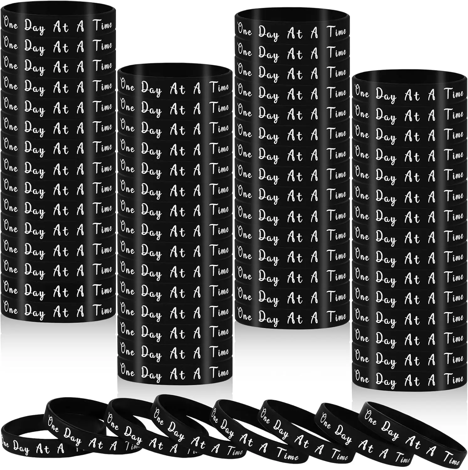 60 count One Day at a Time  Motivational Wristbands Black Inspirational Rubber Bracelets Sobriety Gifts for Addiction  Sober Anniversary Alcoholics Anonymous Men and Women