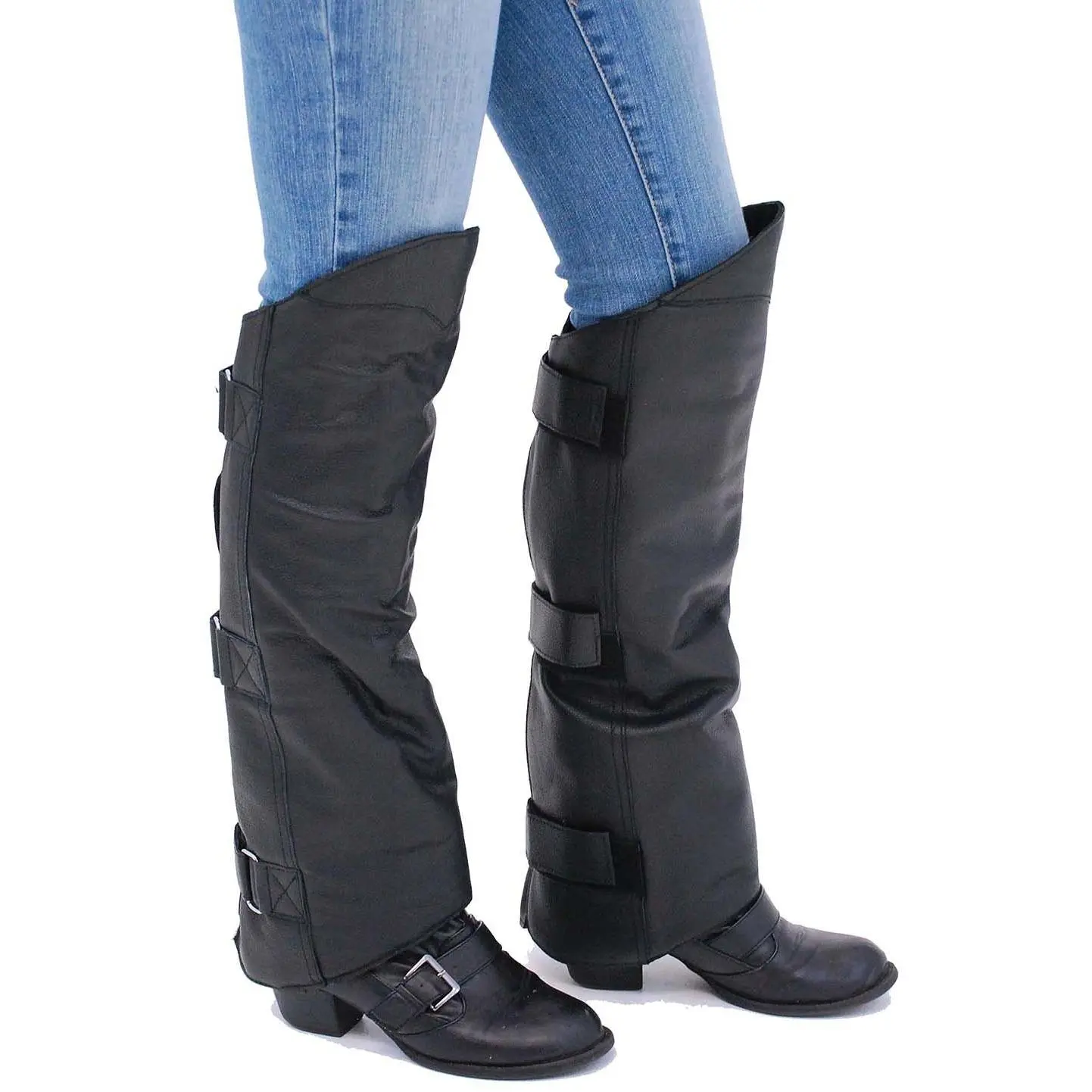 JAMIN LEATHER® Heavy Buffalo Leather Shin Chaps Half Chaps #A199K Black Plain Winter Short Chap with Adjustable Straps
