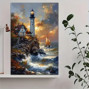 Lighthouse & Sailboat Pattern DIY Diamond Art Painting Kit without Frame, DIY 5D Diamond Art Painting Kit, Wall Art Decor for Home Living Room Bedroom