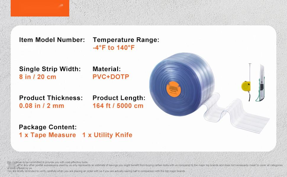 Strip Curtain Roll, 164 Ft Length, 8 In Width, 0.08 In Thickness, Clear Ribbed PVC Door Strips, Curtain Strip Bulk Roll For Warehouses, Factories, Supermarkets, Shopping Malls, Halls, Garages