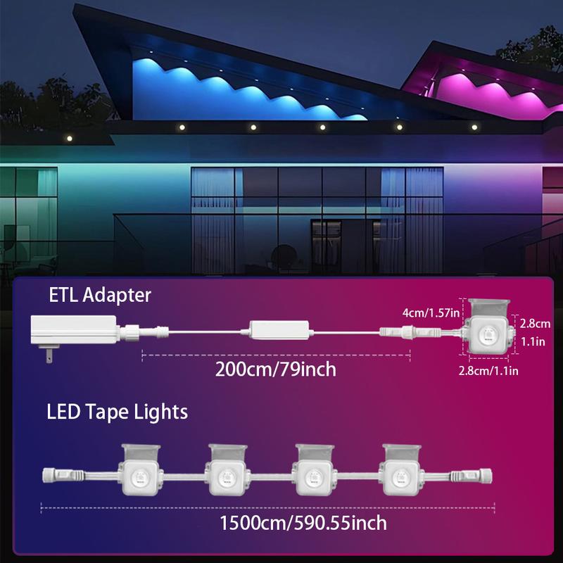 56/105ft Smart Permanent Outdoor Eave Lights with High Brightness Convex Mirror Beads & 63 Lighting Modes IP67 Waterproof RGBIC Ambient String Lights Controlled by APP and Remote Works with Google Home & Alexa