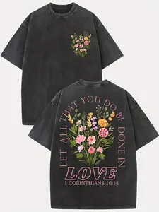 Men's Vintage Verse T-Shirt - 1 Corinthians 16:14 "Love" Floral & Scripture Print, 230g Washed Cotton Oversized Drop Shoulder Tee, Brown with Pink Lettering, Casual Church Wear, Summer Short Sleeve Gift for Him
