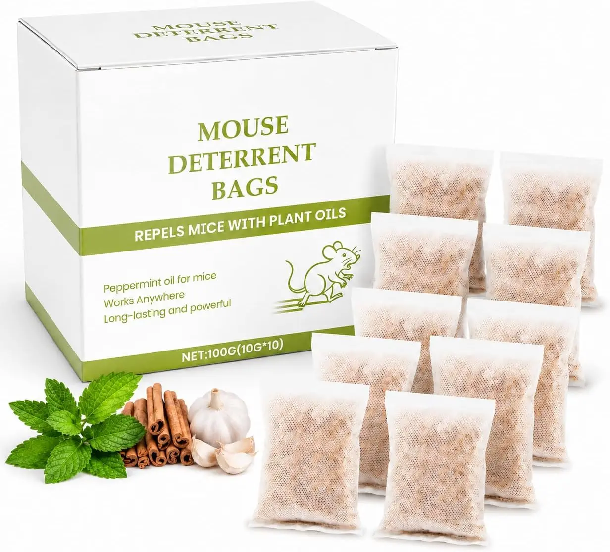 10 Pack Mouse Deterrent Bags Odorless Plant-Based – Rodent Control Pouches for Indoor Outdoor Use, Home Garage Attic Basement Car RV Closet Storage Areas