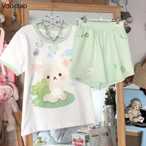 Japanese Kawaii Cartoon Print Lolita 2 Piece Set Women Sweet Short Sleeve T-shirts Sports Shorts Suit Summer Casual  Outfits