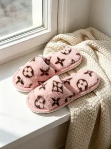 Vintage Print Plush Slippers, Soft Sole Comfortable Outdoor Wear, Style Fluffy Slippers, Cozy and Stylish Footwear
