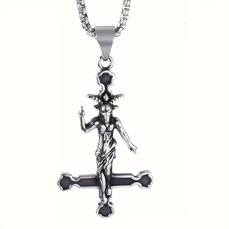 Silvery Stainless Steel Cross Demonic Lucifer Pendant Choker Necklace - 23.622 in - Party Gift for Men - Birthday, Anniversary