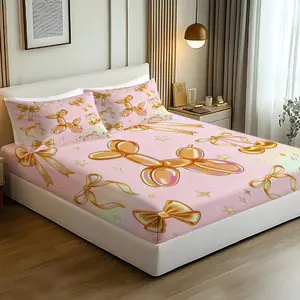 3pcs Pink Gold Balloon Dog & Bow Print Fitted Sheet Set, Coquette Bed Sheet Set, Soft Microfiber Bedding Set (No Fillers), Pastel Cherry & Star Mattress Cover for Teen Girls & Princess Bedroom Decor