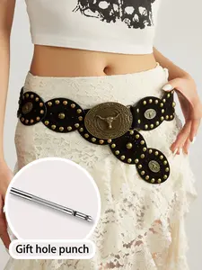Velvet Patchwork Wide Belt, Boho Retro Women's Belt, Western Cowboy Style, Western Concho Belts, Punk Fashion, Perfect for Dresses, Jeans, Skirts, Gift Idea