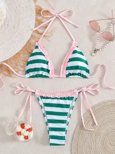 Cute Green & White Stripe Bikini Swimsuit Set – Pink Accent Bathing Suit for Summer Beach Vibes