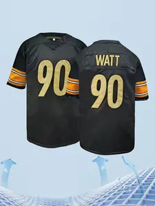Men's 90 Black American Football Jersey Casual Short Sleeved Embroidered Stitching V-Neck T-Shirt Party Rugby Sports Top Athletic Tops