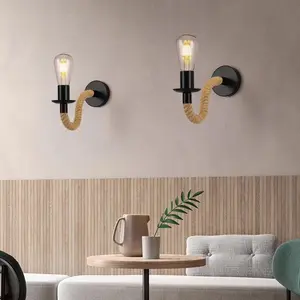 Simple Iron Hanging Lamp American Hemp Rope Wall Light Vintage Industrial Style Creative Country Restaurant Coffee Shop Bar Hallway Light
