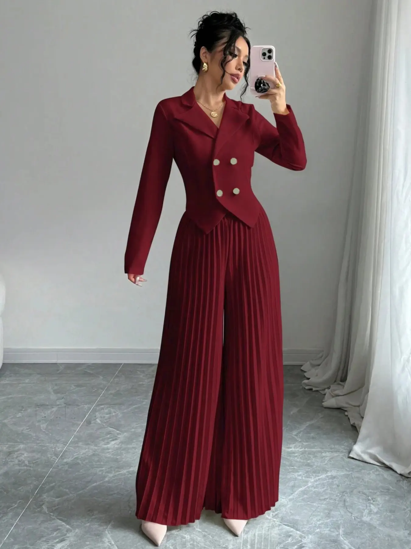 Burgundy Long Sleeve Waistcoat Blazer Suit Set, Womenswear Light Luxury Noblewoman Chic Style Two-Piece, Office Commute Wear Nk-0004-506046, Elegant Pleated Wide Leg Pants