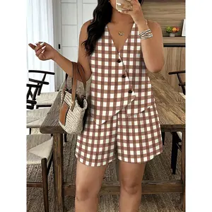 2026 Spring Summer New Womens Brown Gingham Print V Neck Sleeveless Button Top And Shorts Set Classic Two Piece Outfit