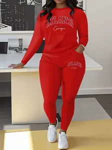 Women's Fashion Letter Print Long Sleeve Casual Pocket Jogger Pants Set, Fall Winter Fitted Plus Size Two-Piece Outfit