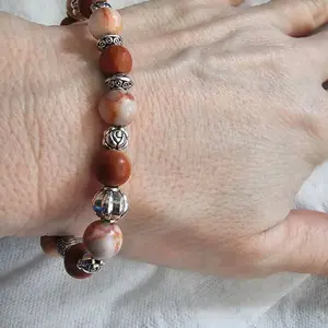 Red Picasso Jasper Stretch Bracelet with Silver Accents and Natural Stone Beads for Women
