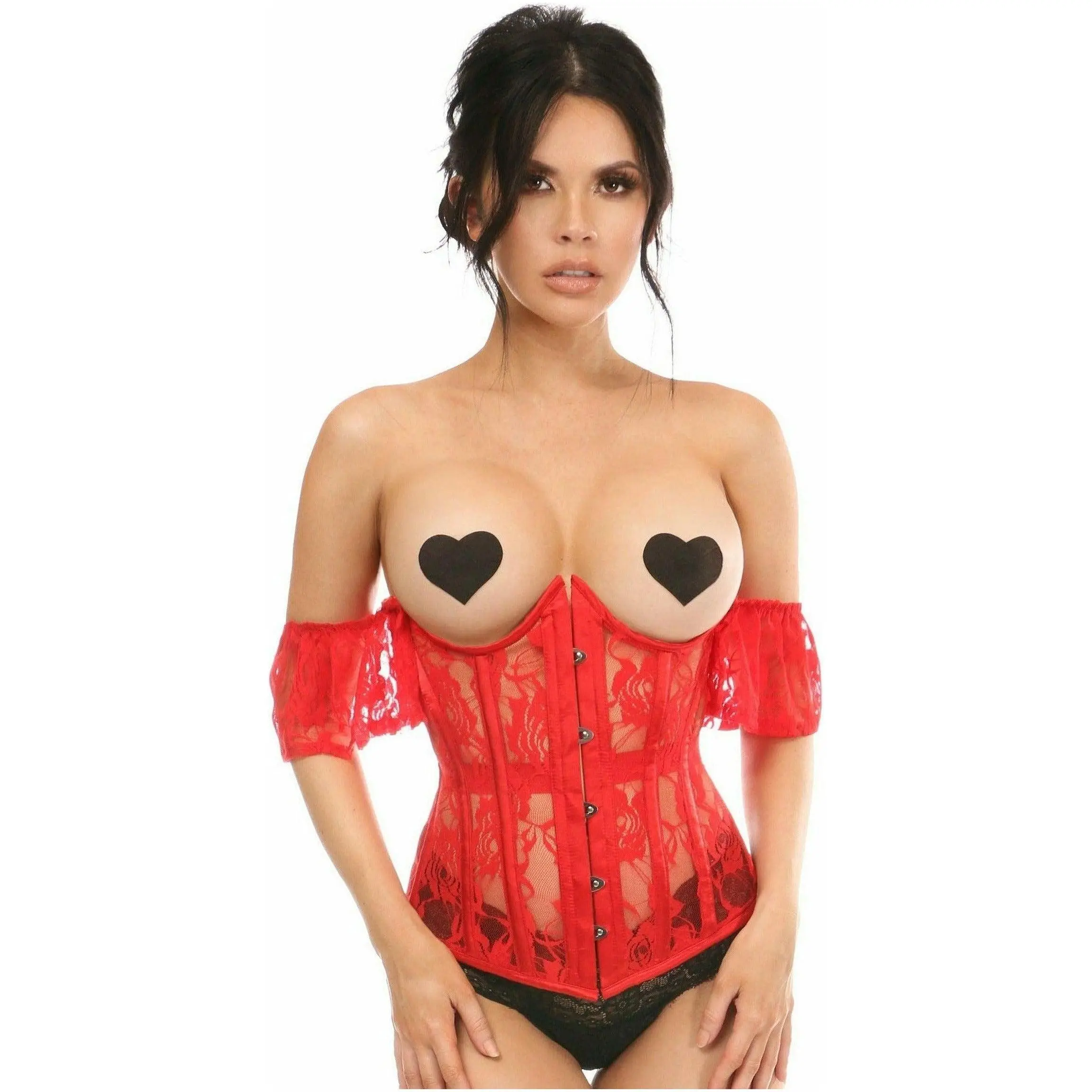 Lavish Sheer Red Lace Underbust Underwire Corset w/Ruffle Sleeve
