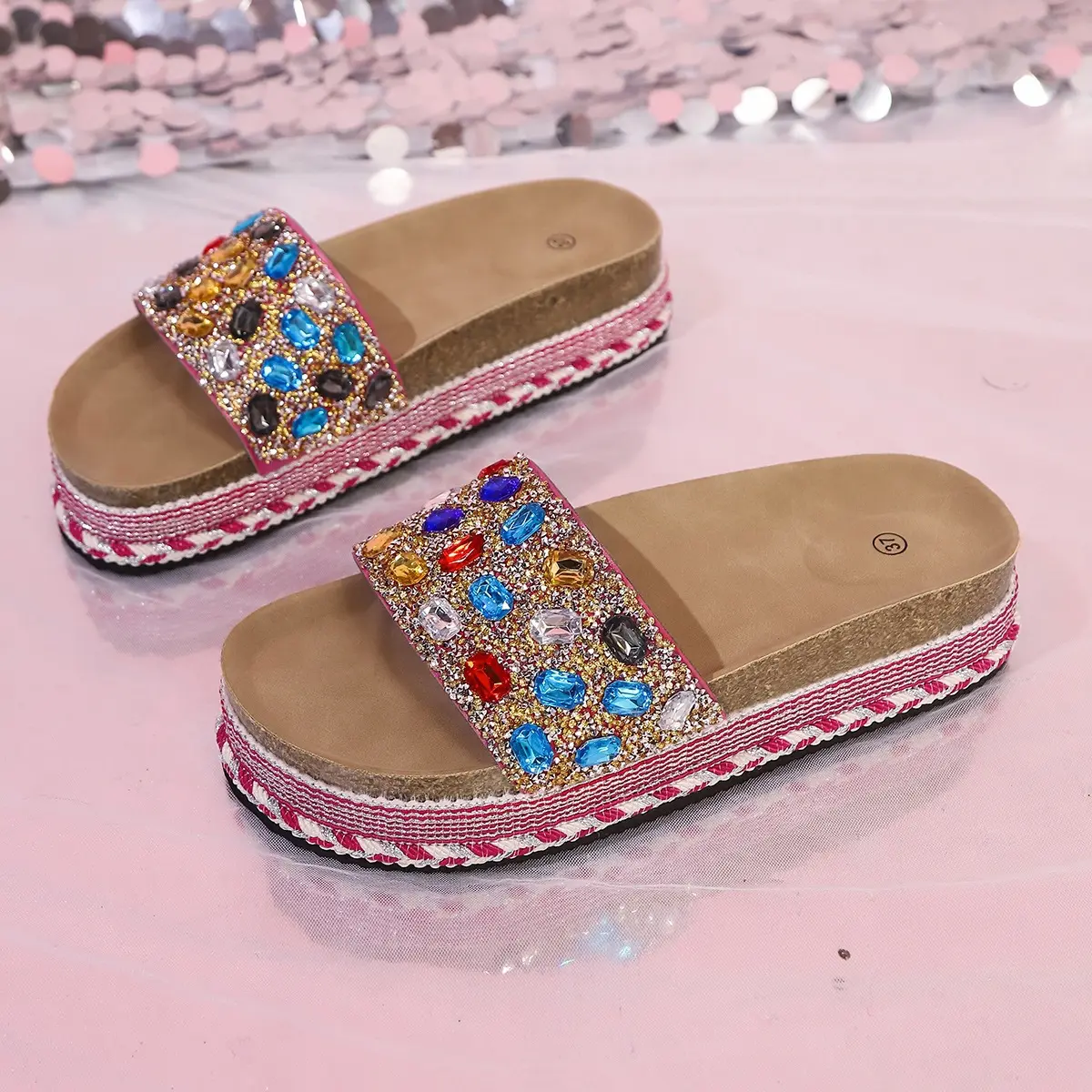 Women's Rhinestone Platform Wedge Slide Sandals - Open Toe, Sparkly Synthetic Stone, Espadrille Style, Multicolor for Beach Outings, Summer Occasions