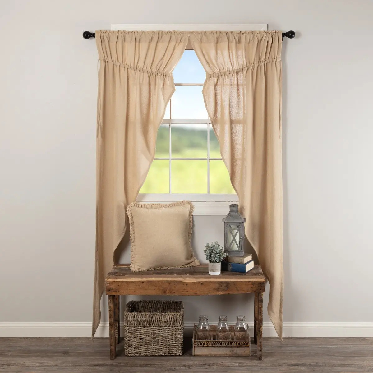 Baxter Burlap Curtain Panels, Vintage Tan Long Prairie Curtains for Home Window Decor