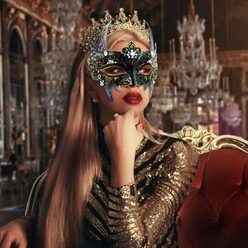 Women's Elegant Masquerade Mask, Metallic Iron Party Accessory with Sparkling Diamond-Style Horns & Floral Pattern for Balls or Carnivals, Feminine