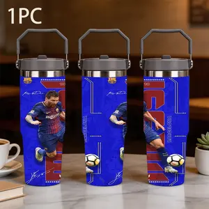 1pc 30oz large capacity thermos cup with Messi motif printed on the body with Messi in uniform movement and eye-catching red number 10, dark grey LIDS with handles and stainless steel wrap, suitable for Messi fans' collection