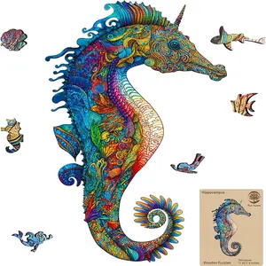 Wooden Jigsaw Puzzle Seahorse for Adults and Kids Unique Shape Wood Colorful Box Fun Challenge Brain Health Family Game Creative Gift for Friends