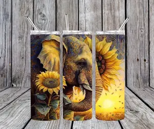 Printed Metal Stainless Steel Tumbler with Straw and Lid, Reusable Insulated Portable Elephant & Sunflowers Water Bottle, Indoor Kitchenware Drinkware Accessory