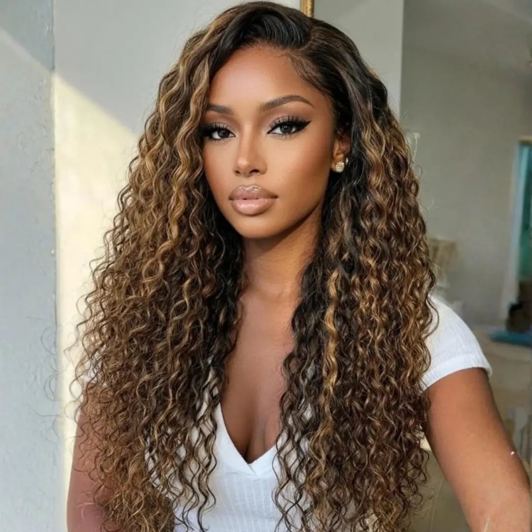 Sunberhair Highlight Balayage Water Wave Wig 7x5 Lace Closure Human Hair Wigs with Drawstring Pre Bleached Knots Glueless Lace Wig