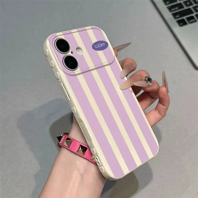 Color Block Stripe Lucky Slogan Phone Case - Premium Glossy Soft TPU-PC Composite Protective Cellphone Casing, Fingerprint Proof Soft Cover with Silky Non-Slip Skin-Friendly Surface, Side Embossed Heart Phone Decoration