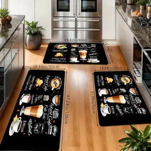 Vintage Coffee Shop Kitchen Rugs Set, Non-Slip Washable Floor Mats, Black Background Coffee Cup & Text Print Runner Carpets for Kitchen, Coffee Bar & Farmhouse Decor