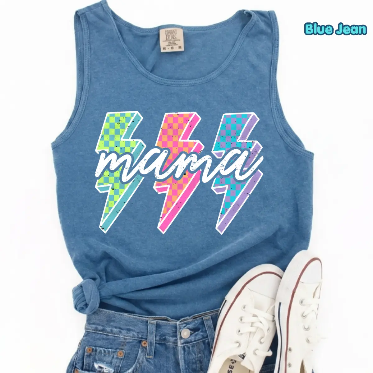 Comfort Colors Lightning Checkered Mama Tank Top, Neon Rock Mom Design, Bright Lightning Bolt Top, Cool Motherhood Gift for Her, Trendy Mama Style