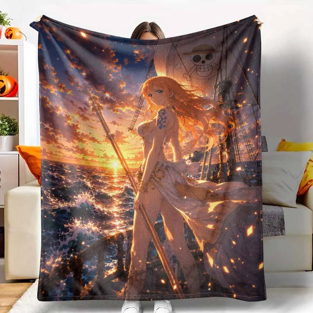 Pirate Theme Anime Maiden Flannel Blanket, Fading-Resistant Flannel Fabric, Multi-Size Ocean Sunset Ship Print, Soft Cozy Warm Plush Lightweight Throw for Home & Travel, Sofa Bed Gift Home Decor