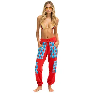 DIAMOND SMILEY 2 EMBROIDERY CARGO COLOR BLOCK SWEATPANTS - RED //SKY